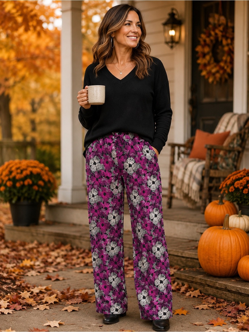 Grace Elements L Floral Pull-On Pants Magenta Black Stretch Casual Slacks